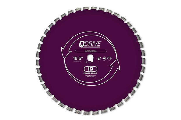Purple circular saw blade with branding on a white background